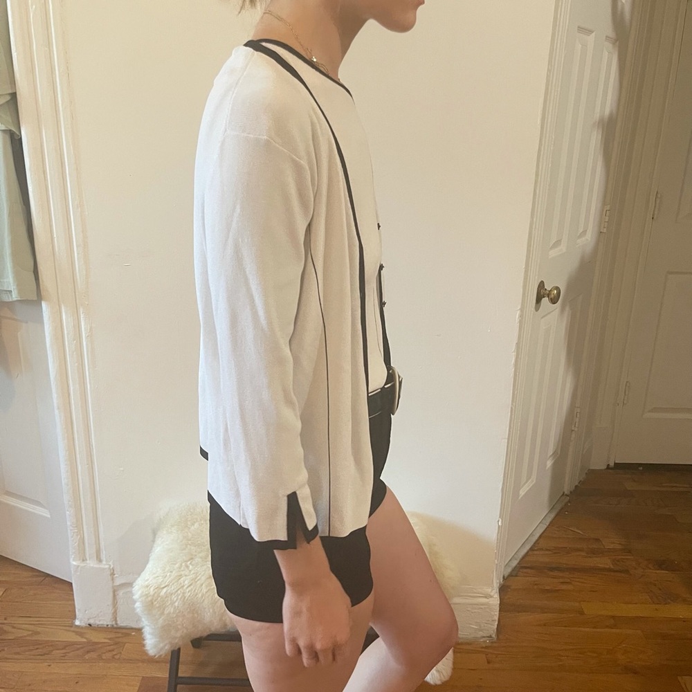 Vintage Shego’s White + Black Trim 3/4 Sleeve V Neck Cardigan Sweater Fit S M L - Picture 8 of 16